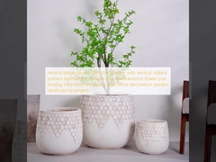 ニュートラルベージュの丸い繊維粘土プランター、垂直リブパターン、軽量で耐久性があり、メンテナンスが容易な植木鉢、ホリデーヴィラ、ホテル、ショッピングモール、オフィス装飾、庭の造園プロジェクト