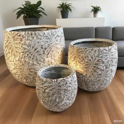 購入 GRCポット 灰色の丸い繊維セメントプランター モンスター葉のデザインパターン 軽量 耐久性 低保養性 花のポット 休日 ビラ オフィス装飾 屋根上の庭園 景観設計プロジェクト online manufacture